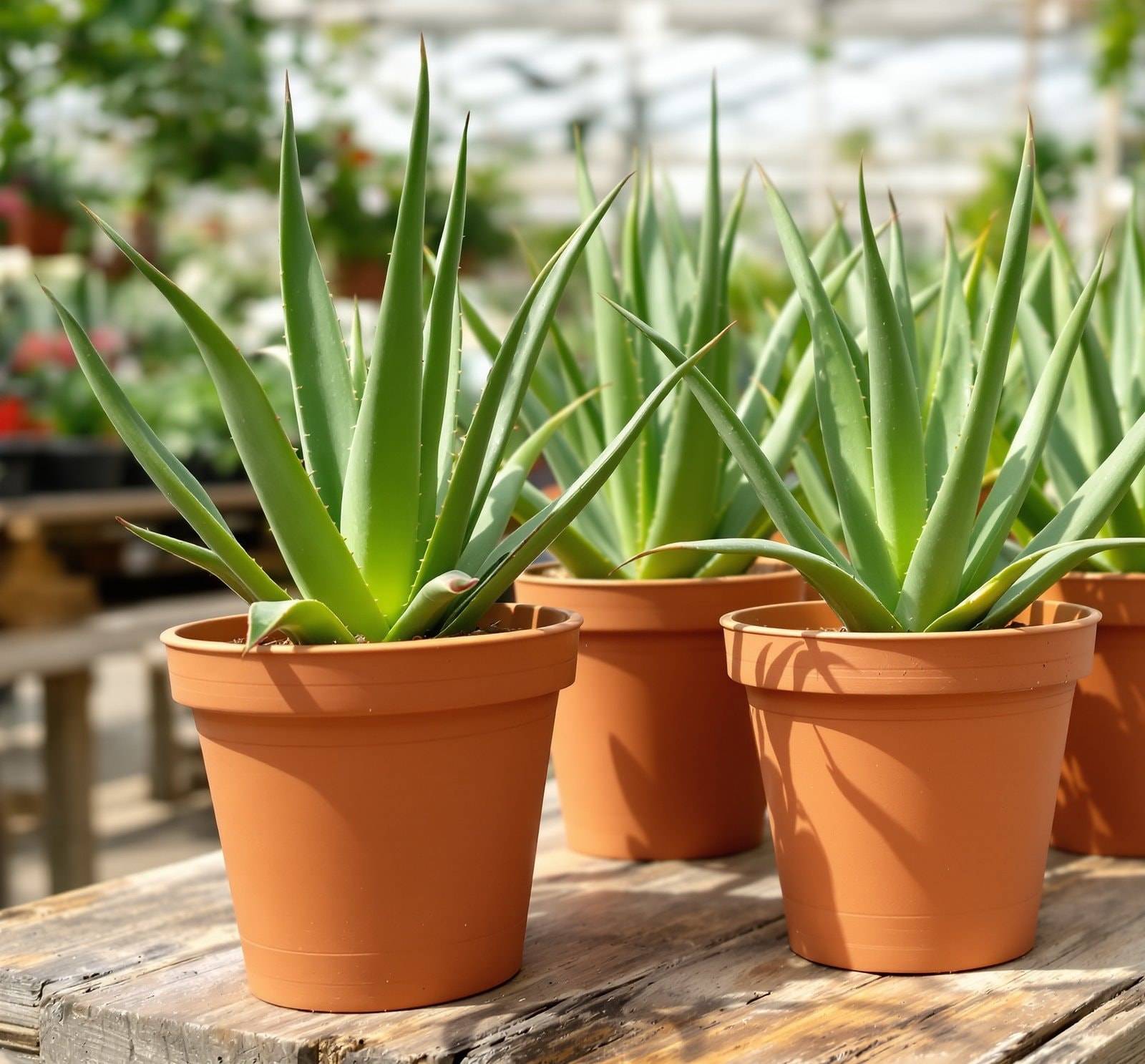Aloe plants with thick pointed leaves growing in terracotta pots on a wooden greenhouse bench