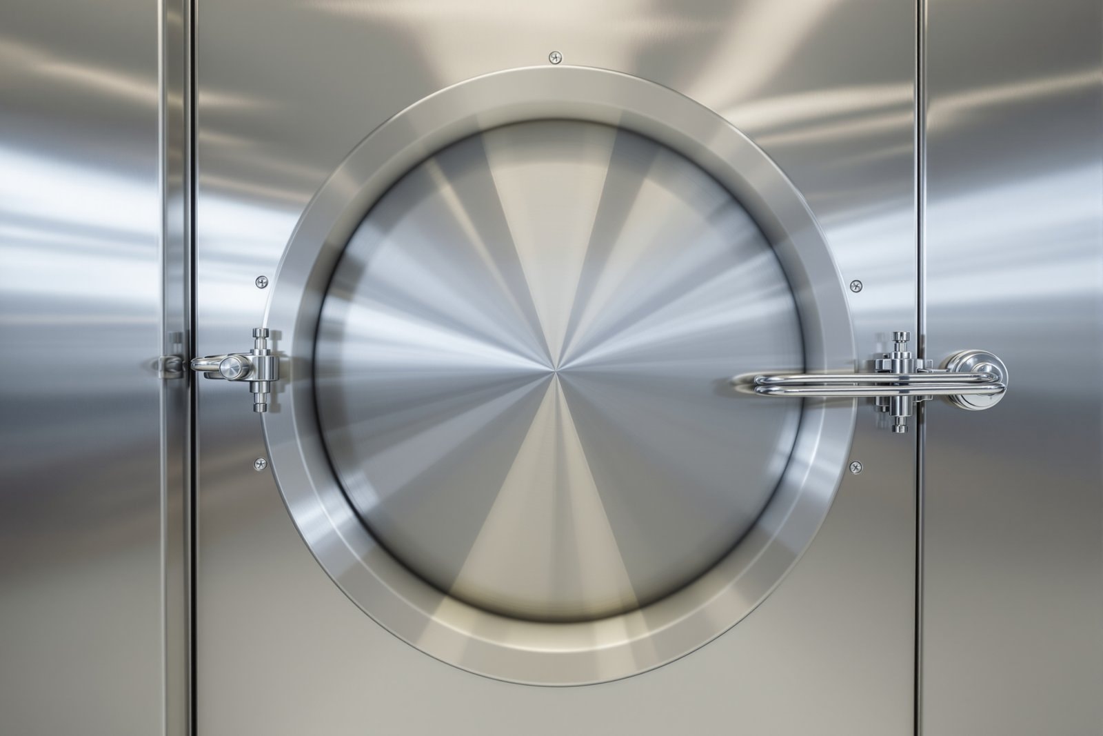 The round, closed stainless-steel door of a laboratory autoclave in a clean room