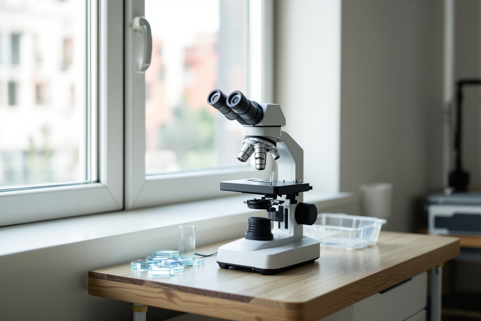 A plain laboratory light microscope on a wooden bench beside a bright window, with glass slides next to it