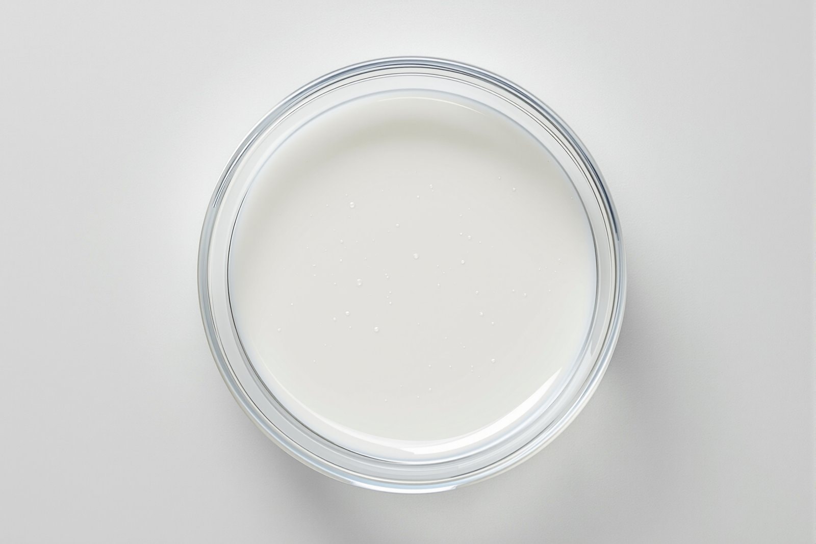 Top-down view of a shallow clear glass dish filled with a milky white emulsion on a pale grey bench