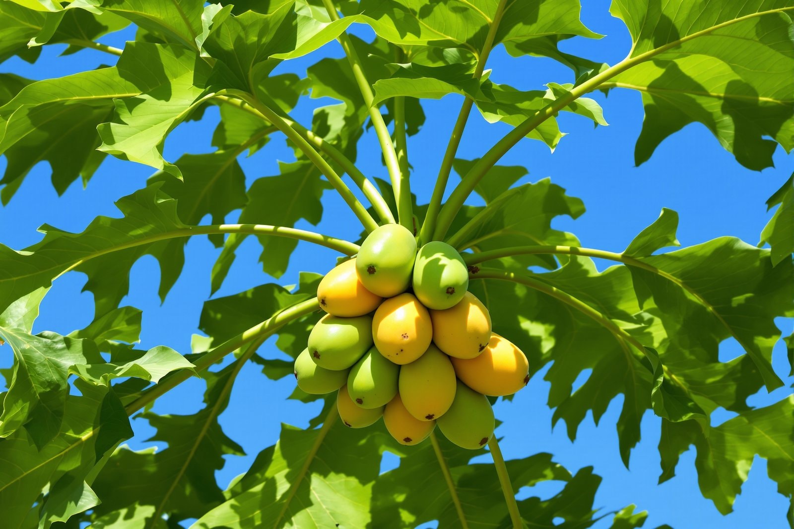 A papaya tree with a cluster of green and yellow fruit beneath its crown of large lobed leaves against a blue sky