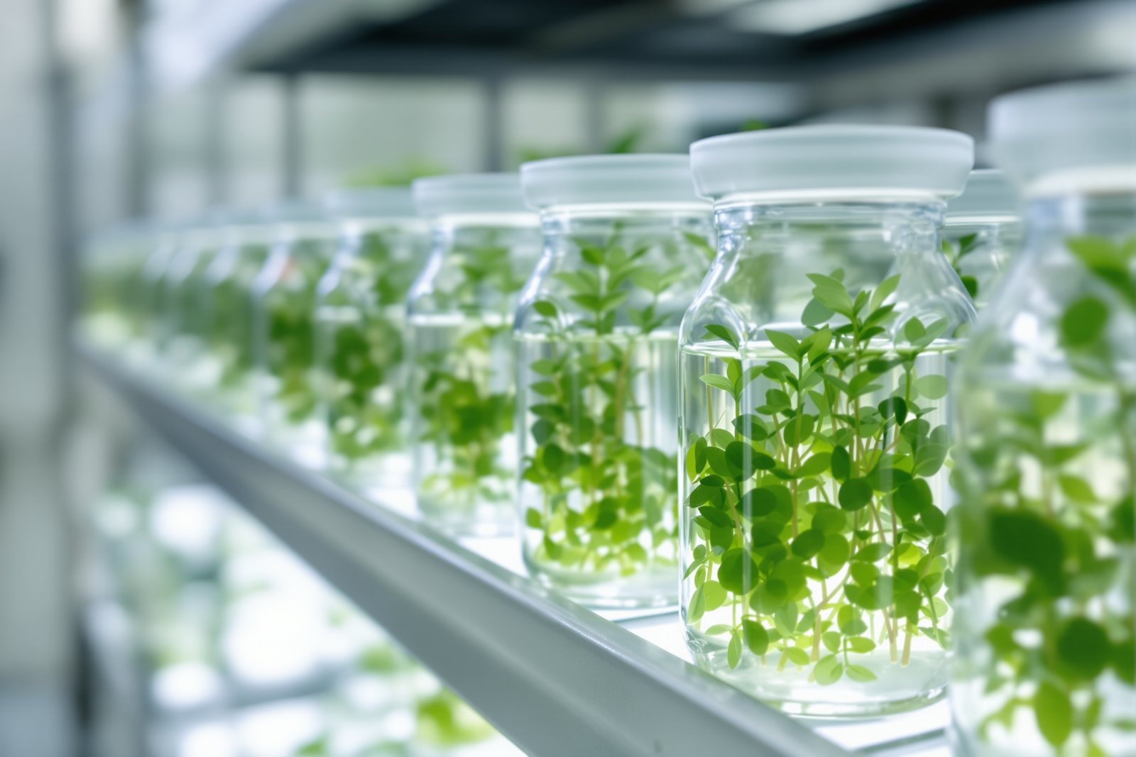 Rows of small glass jars holding tiny green plantlets on clear gel, standing on a lit metal shelf
