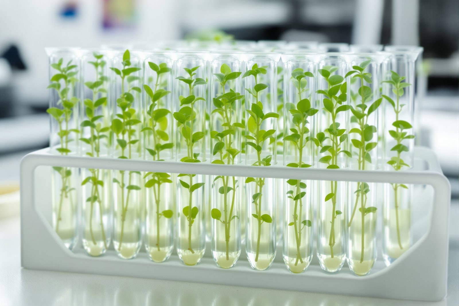 A rack of glass test tubes each holding a small green potato plantlet rooted in clear gel