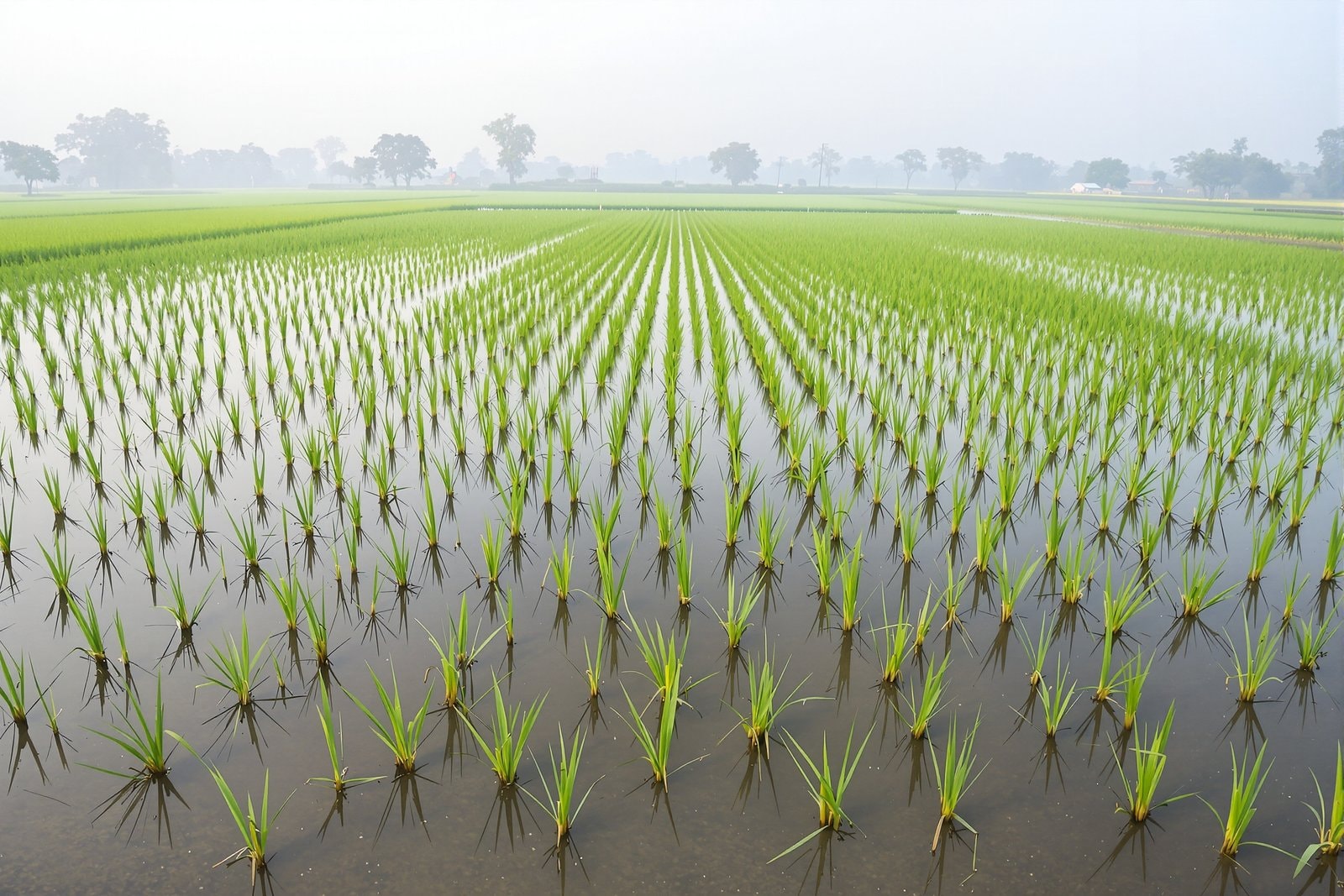 A flooded rice paddy at early morning with rows of young green rice plants reflected in still water
