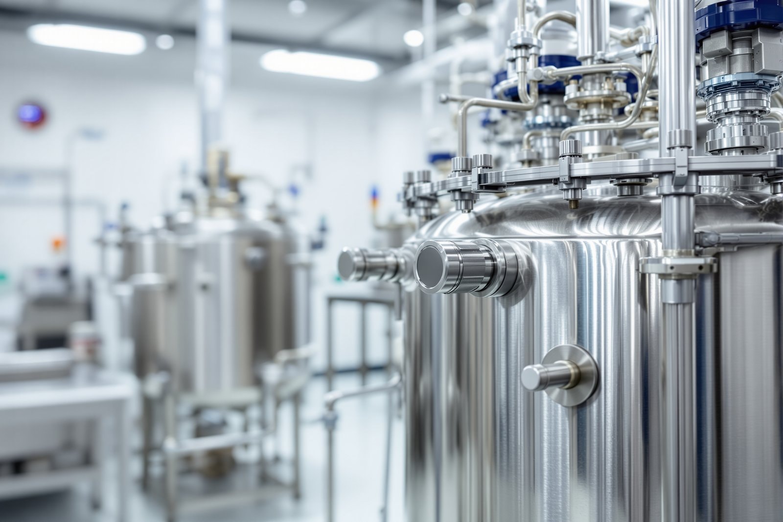 A polished stainless-steel bioreactor vessel with pipes and valves in a bright, clean production room