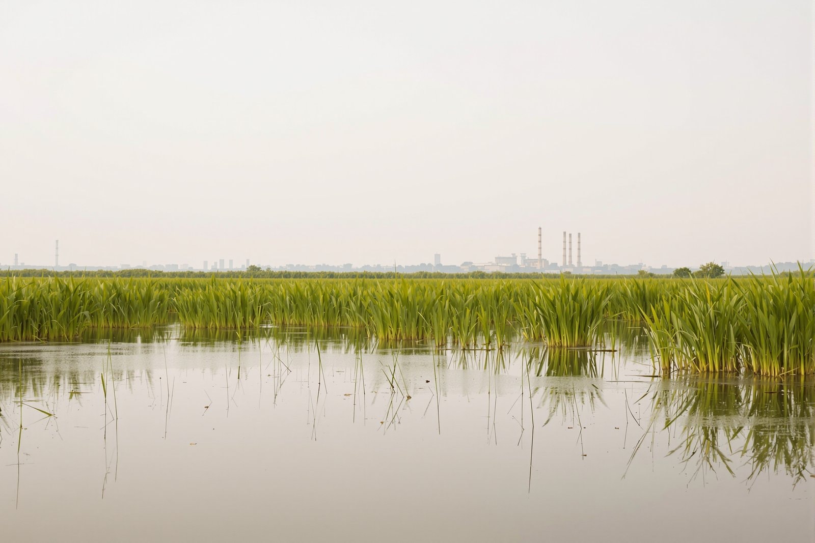 A calm wetland of tall green reeds and still water, with a faint industrial skyline far away on the horizon